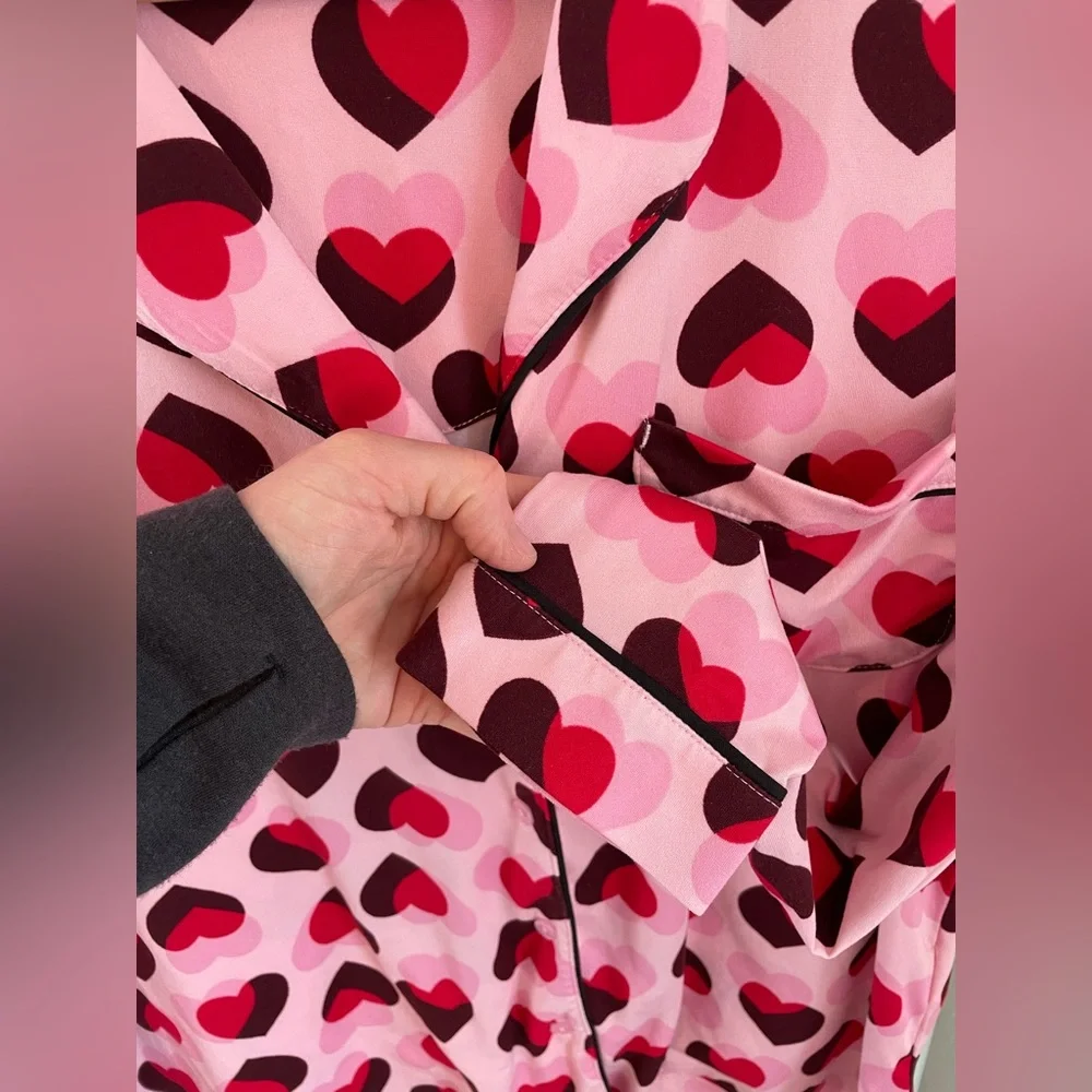 Kate Spade New York Pajama Button Down, Pink Red Hearts, Size Medium